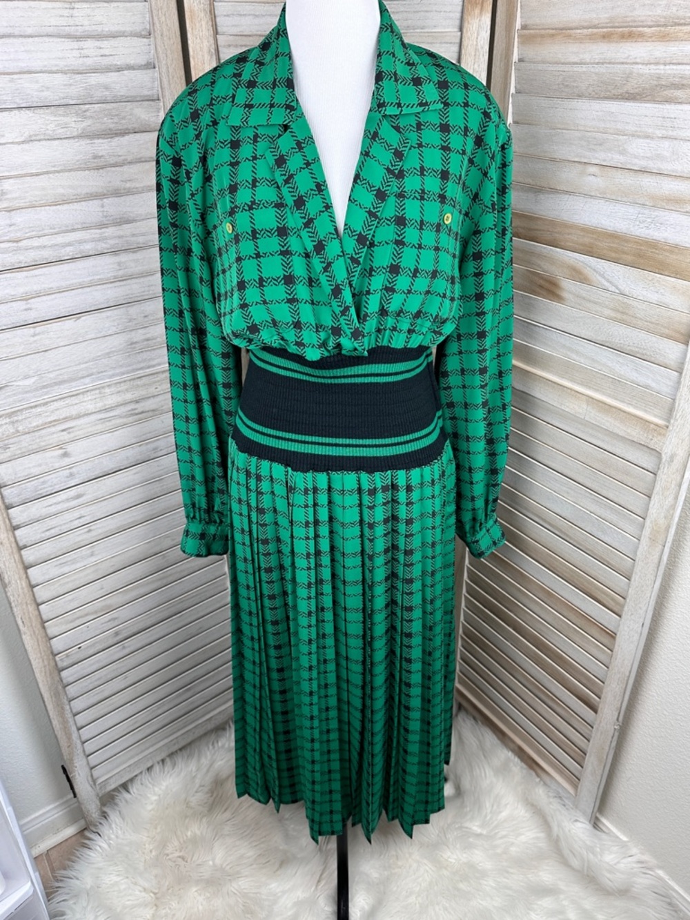 Vintage Lindsey Blake Green Navy Houndstooth Pleated Skirt 80s 90s Dress Size 10